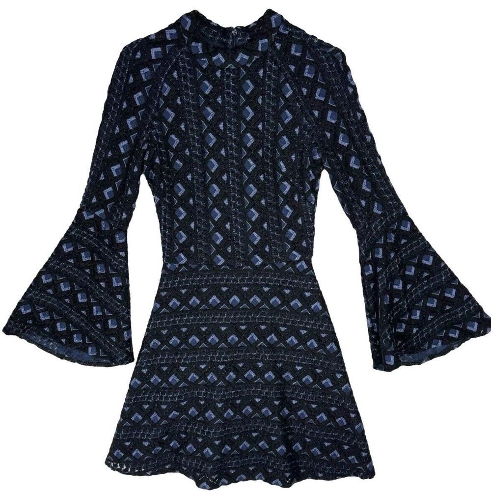 Just‎ Drew Blue Mesh Mock Neck Flare Sleeve Mini Dress Size 0 Boho 70s Geometric